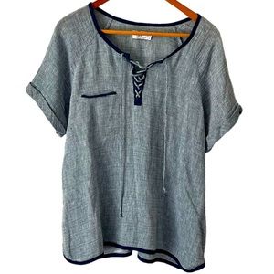 FRAME Blue Linen Lace Up Front Sleeve T-Shirt Blouse Size Medium